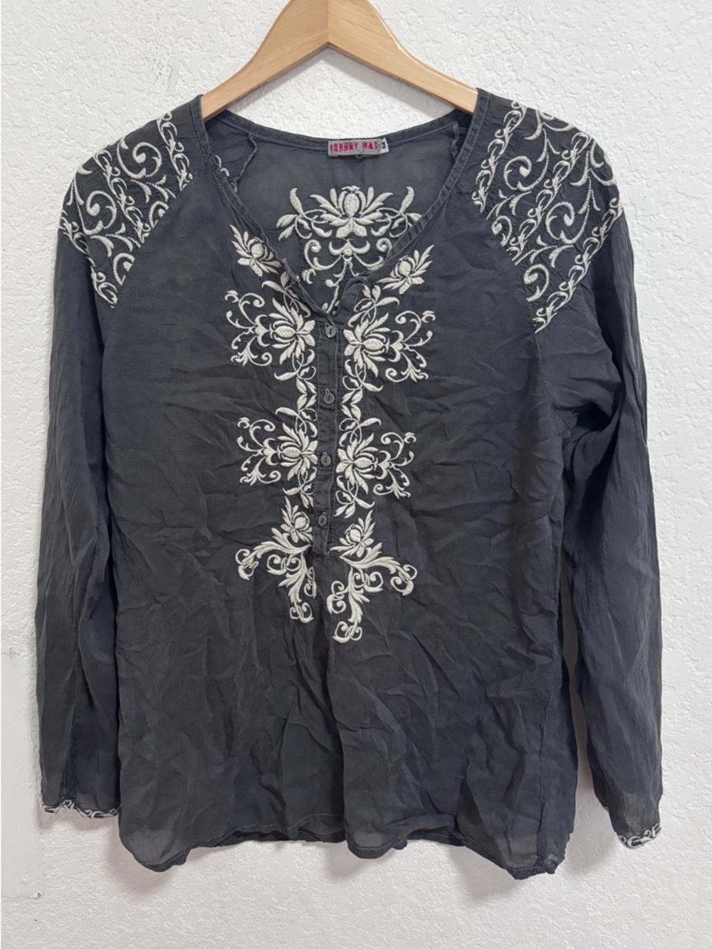 Johnny was gray embroidered blouse